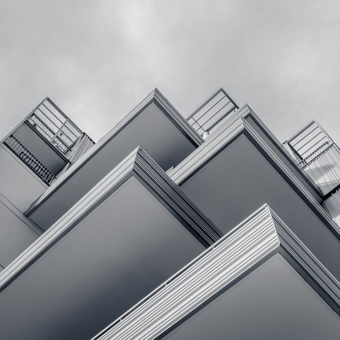 Abstract view of modern building with unique perspectives in Montpellier, France.